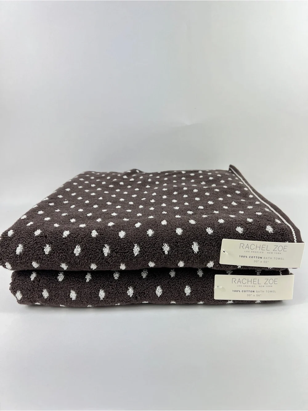 Rachel Zoe Bath Towel Set Brown Off White Polka Dots Soft 100% Cotton 8 Pc NEW